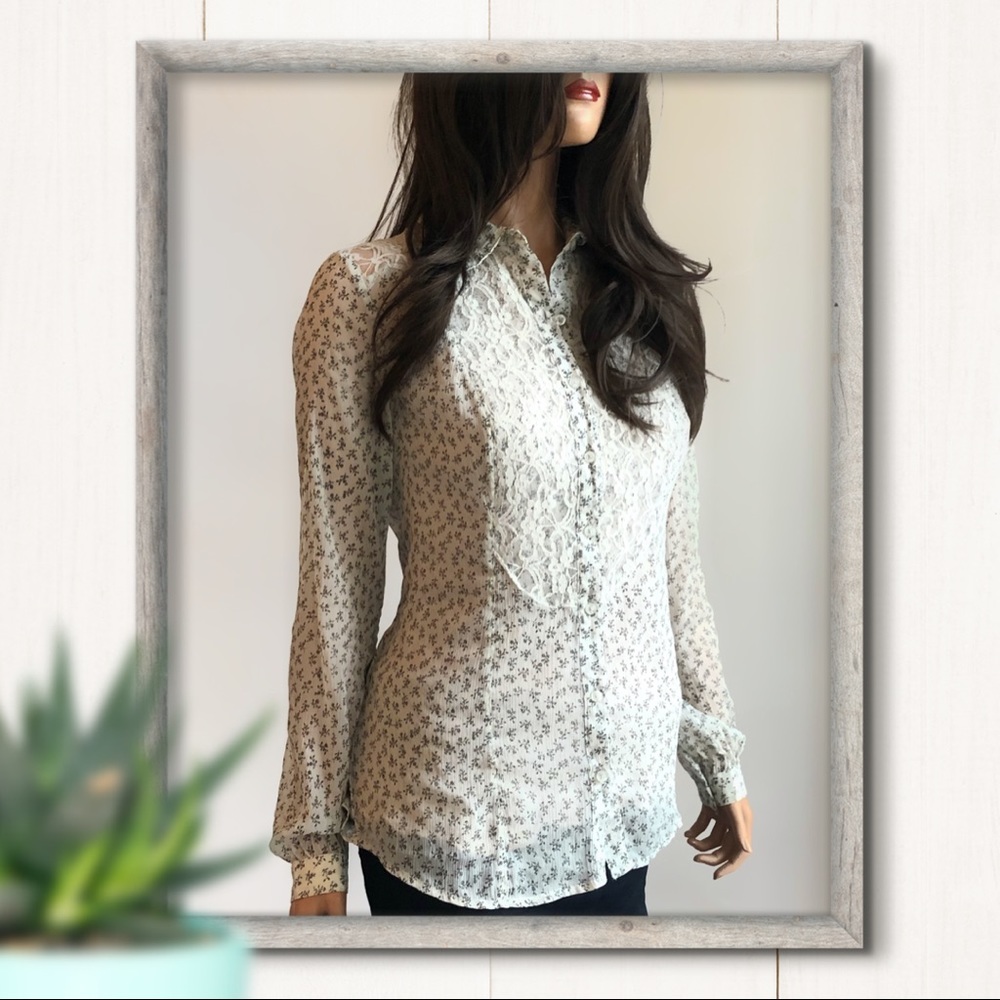 Free People Floral Print Lace Button Down Size S